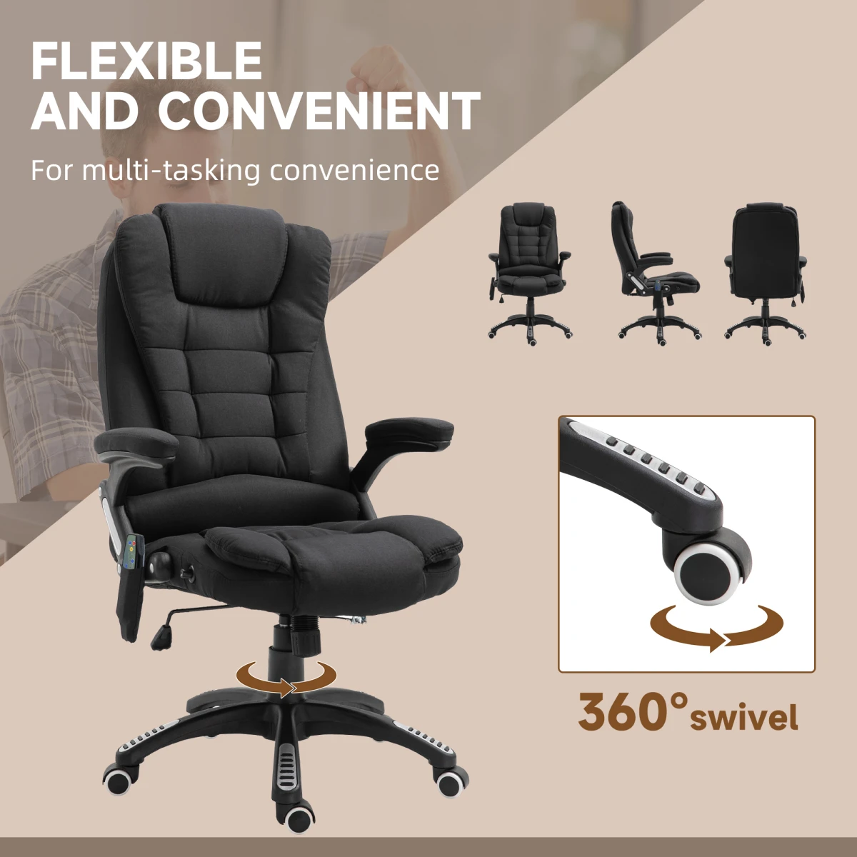 Premium Executive Recliner Chair With Heating Massage Six Points Back Shoulder Headrest For Home Office Black