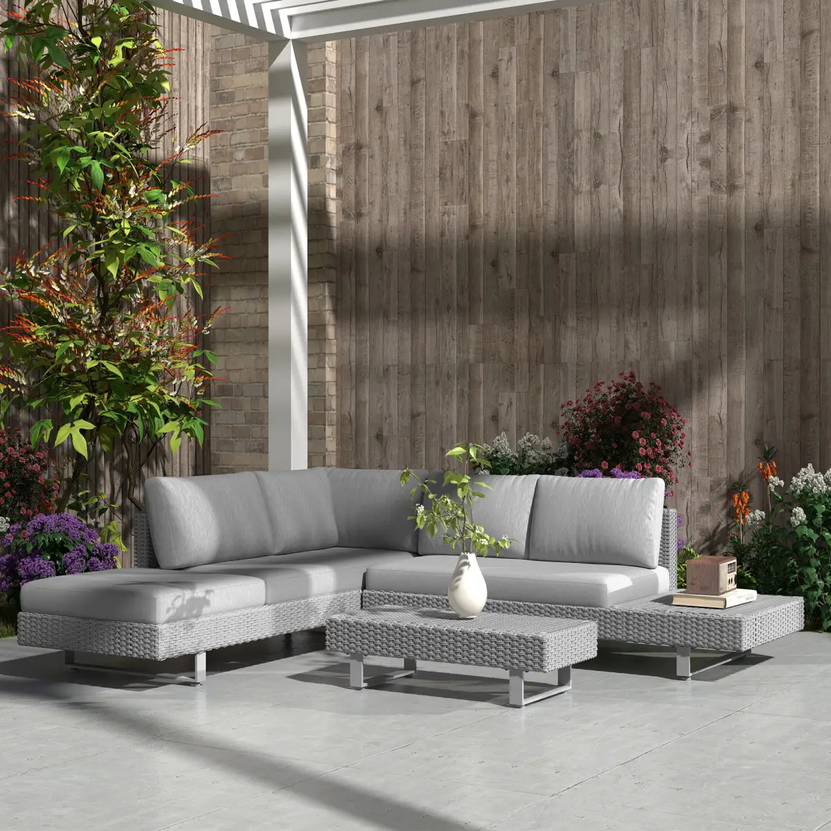 Outsunny Outsunny 3pc Rattan Wicker Sofa Set with Tea Table & Cushions, Light Grey - Garden Set