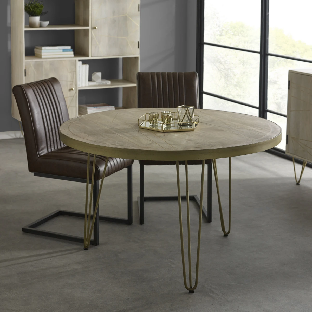 Indian Hub Light Gold Round Dining Table With Metal Inlay Dining Room - Dining Table