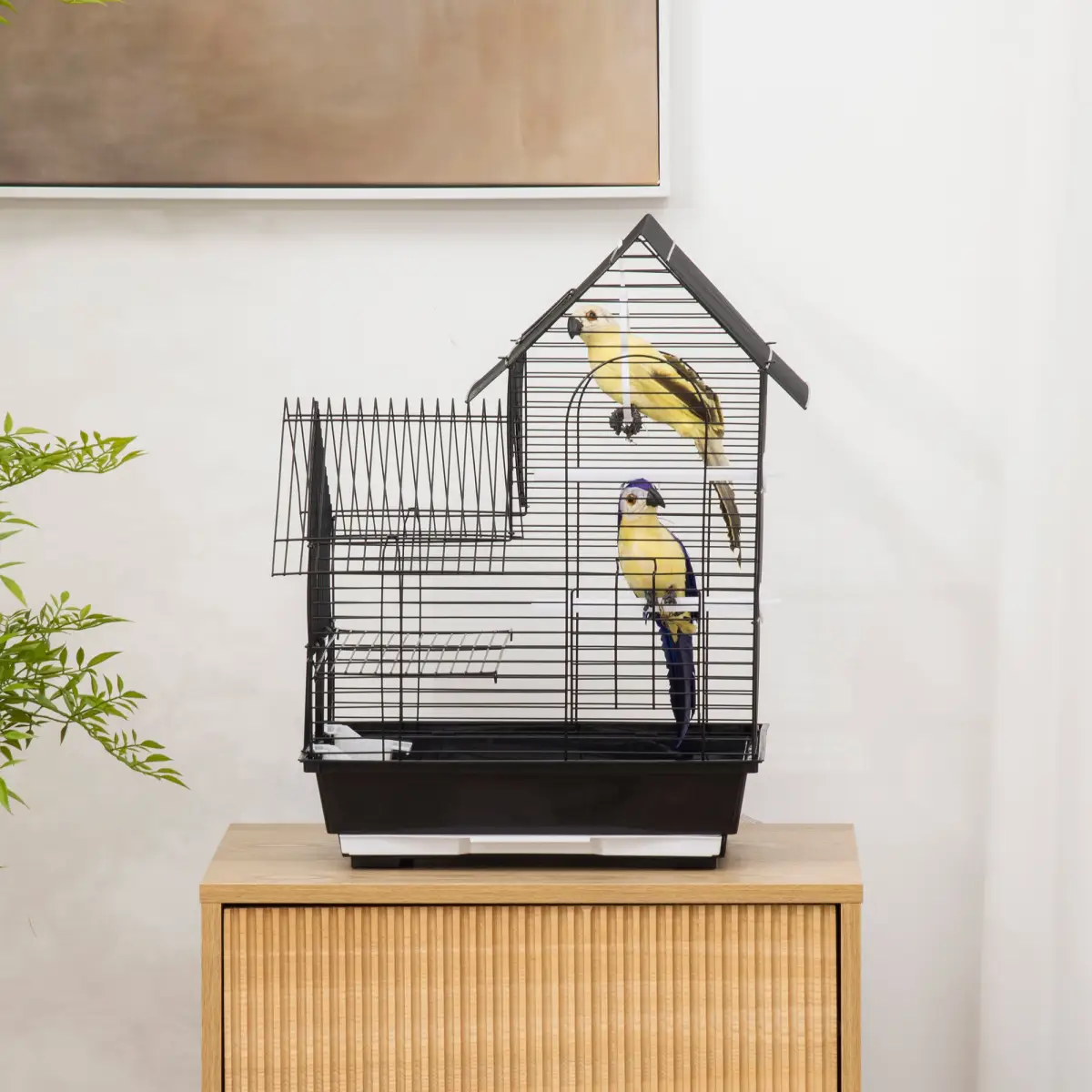 PawHut Metal Bird Cage w/ Plastic Perch, Food Container, Swing Ring, Handle - Black - Bird Cage