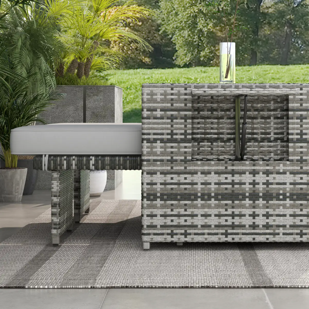 Outsunny Outsunny Recliner Rattan Sun Lounger w/ Storage Tea Table & Footstools, Grey - Sun Lounger
