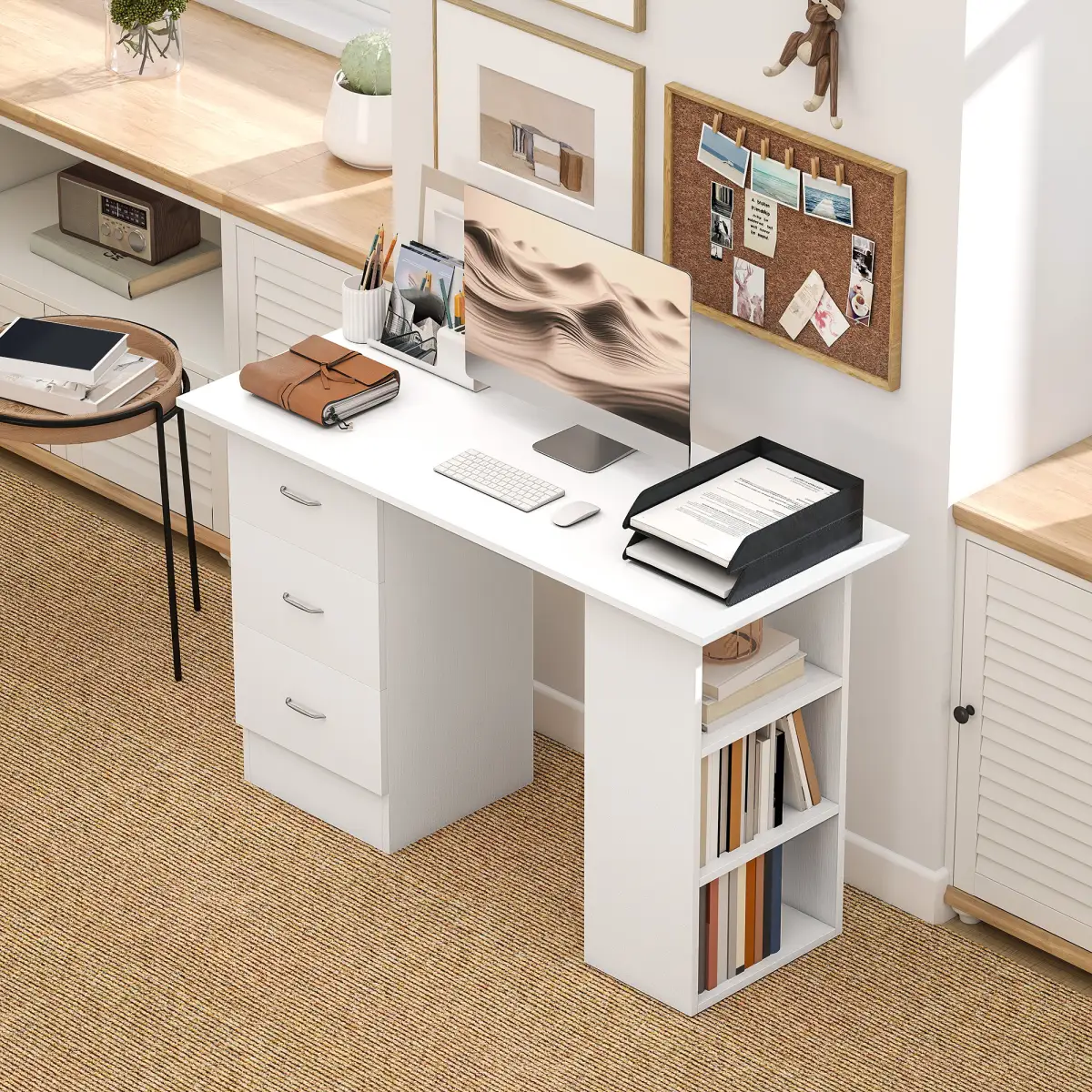 HOMCOM HOMCOM 120cm Computer Desk PC Table Workstation w/ 3 Shelf & Drawers White - Desk