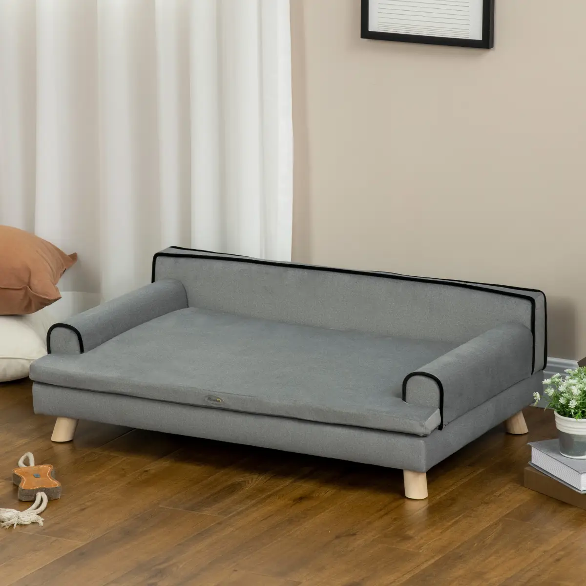 PawHut Pet Sofa for Large, Medium Dogs, with Wooden Legs Water-resistant Fabric, Grey - Dog Beds