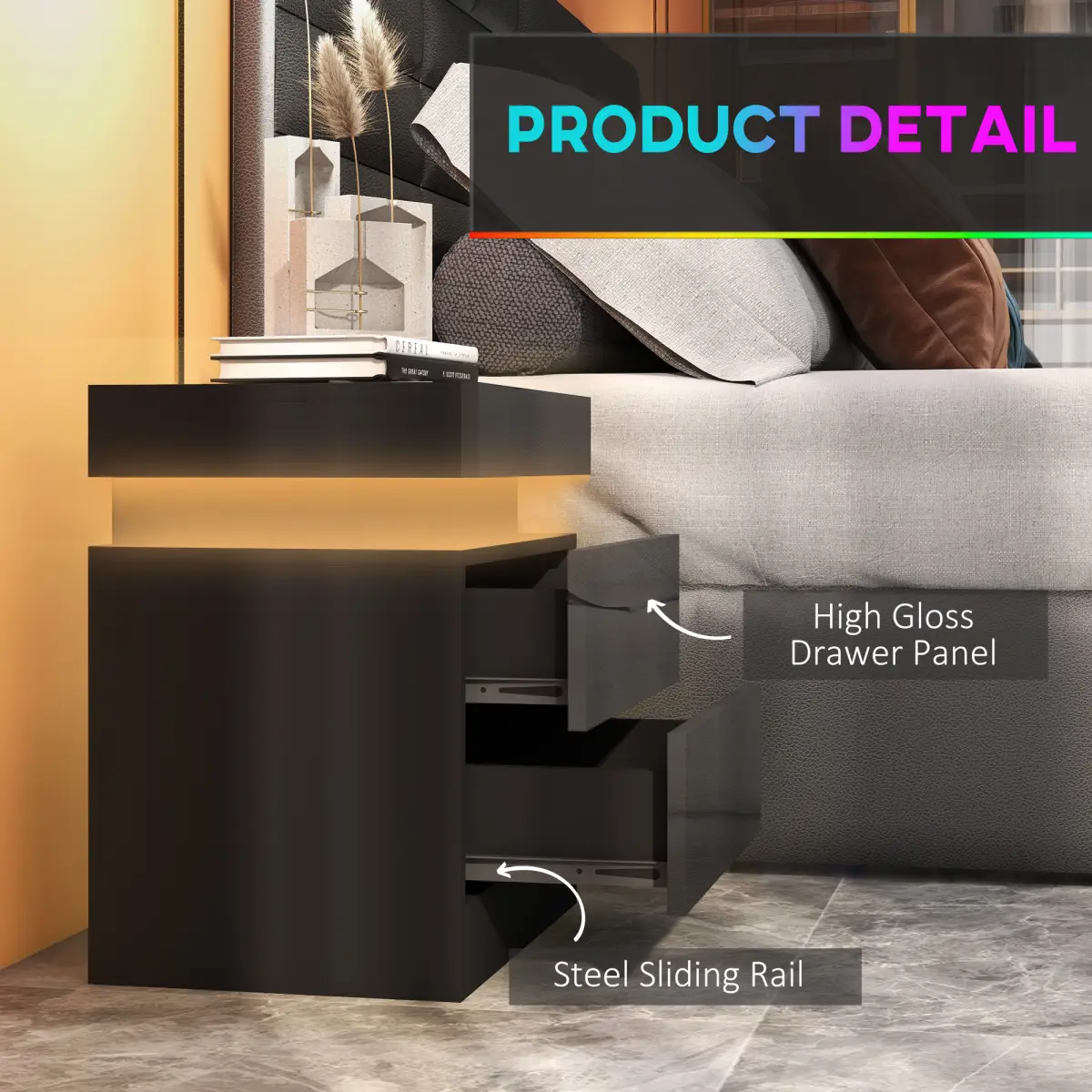 HOMCOM HOMCOM High Gloss Bedside Table with LED Light and 2 Drawers, Black - Bedside Table
