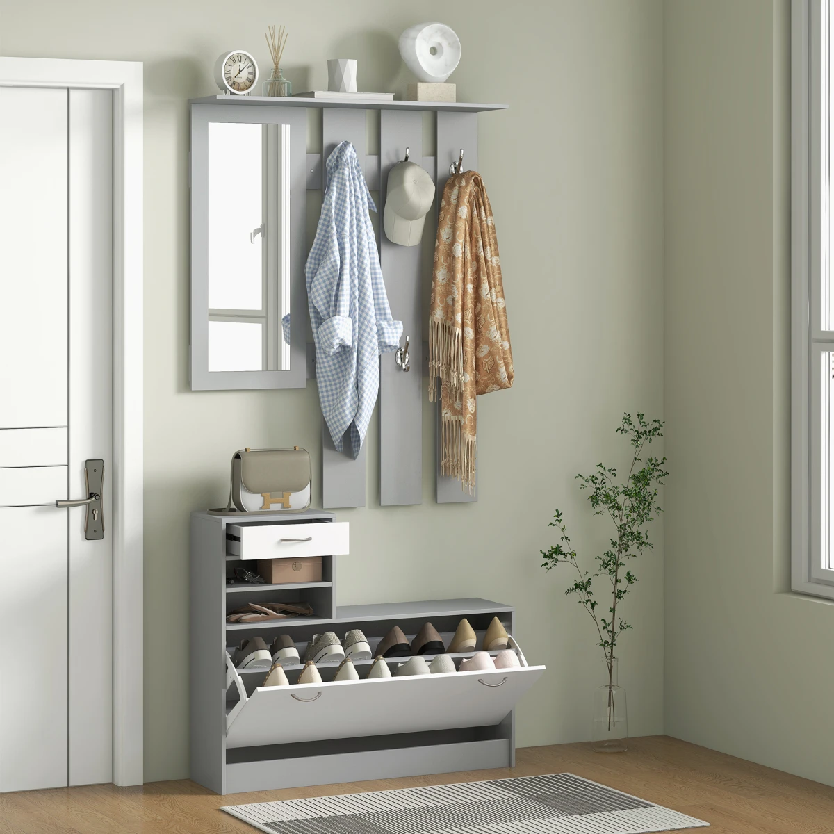 HOMCOM Hallway Furniture Set Compact Size With Mirror And Shoe Cabinet For Entryway Organization - Wardrobe