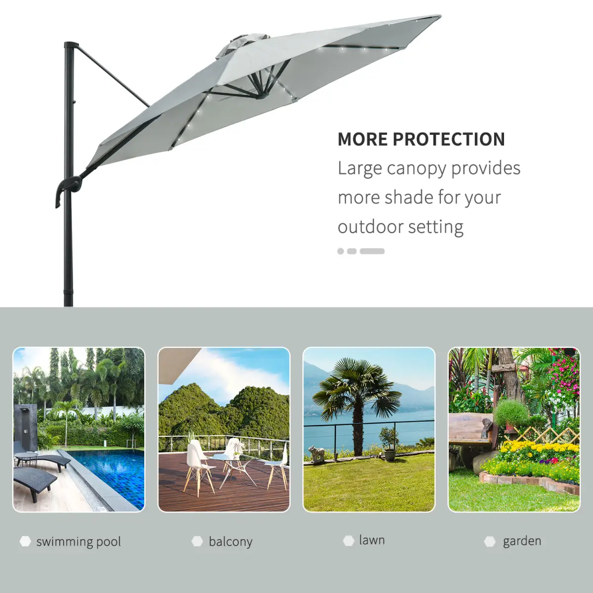 Outsunny 3m Cantilever Roma Parasol Patio Sun Umbrella with LED Solar Light, Grey - Parasol