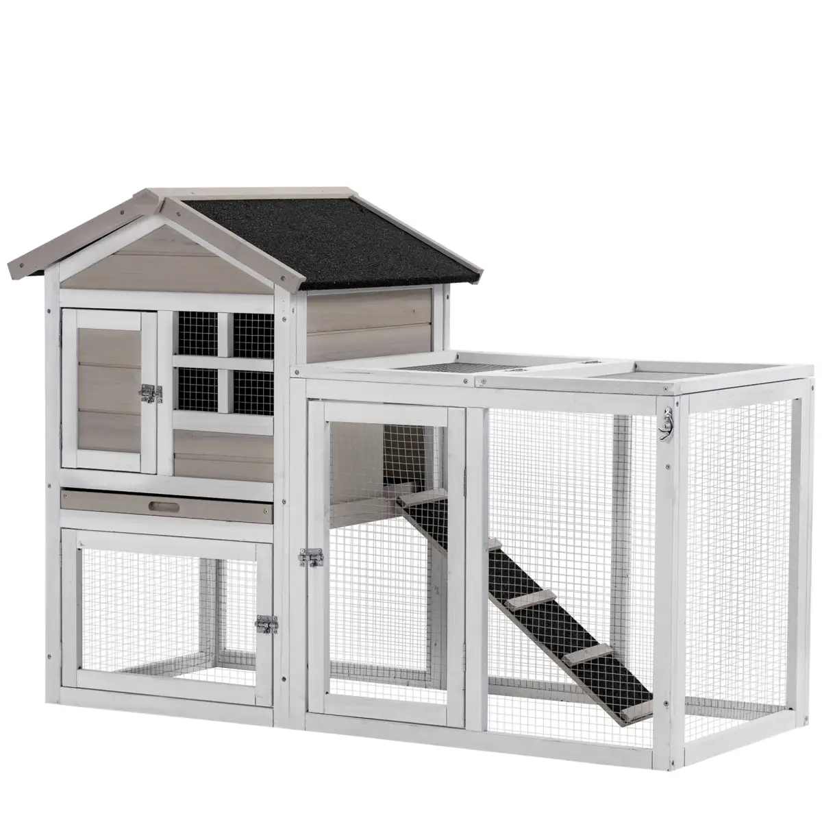 PawHut 2-In-1 Wooden Rabbit Hutch w/ Double House, Run Box, Slide-Out Tray, Ramp - Rabbit Hutch