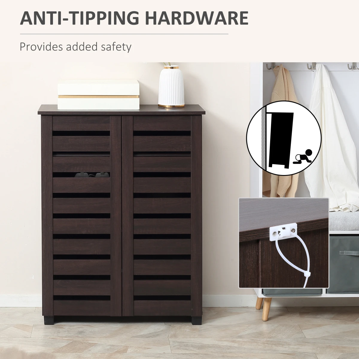 HOMCOM Shoe Storage Cabinet with Slatted Doors for 15 Pairs of Shoes Brown by HOMCOM