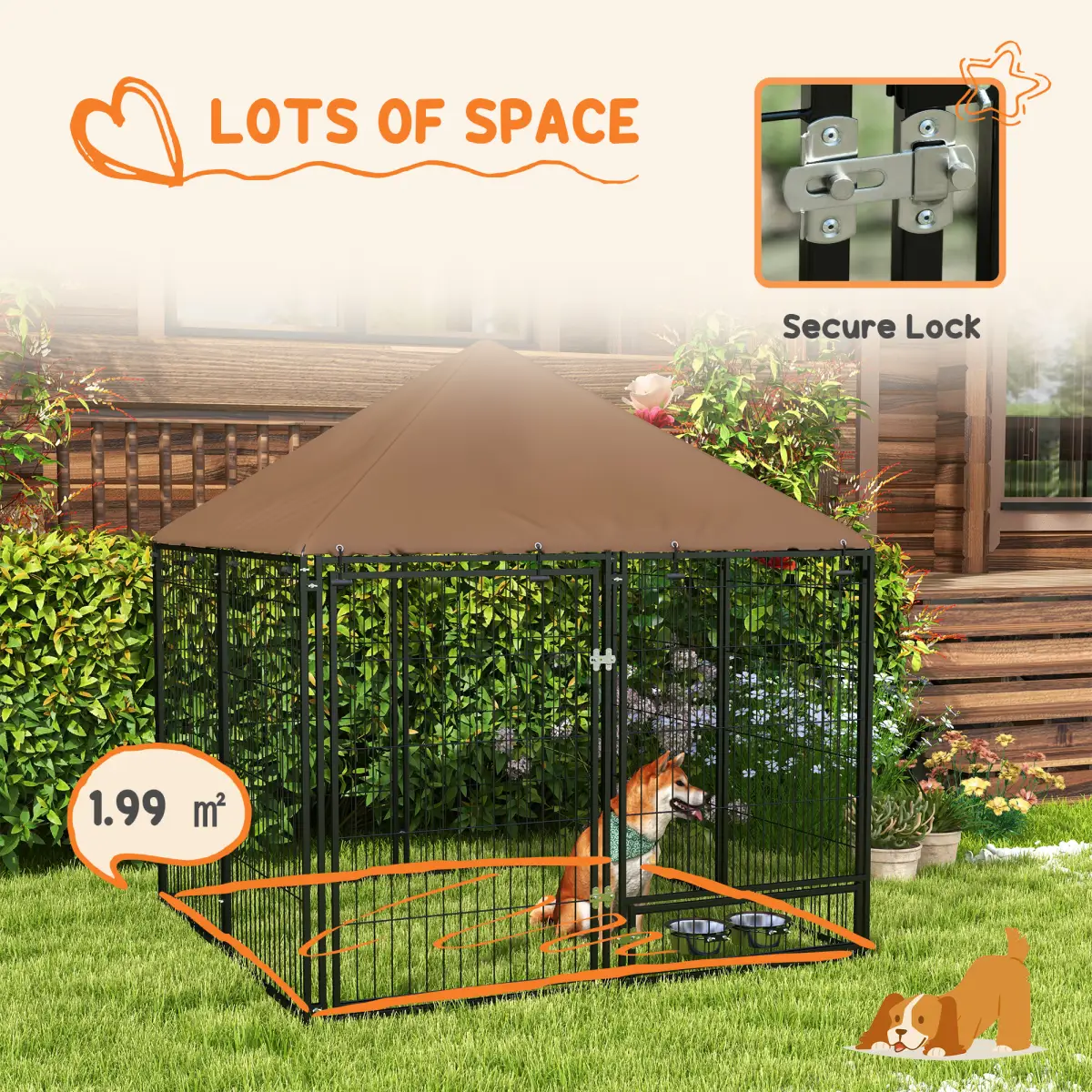 PawHut Outdoor Dog House Kennel with Canopy Top & Secure Lock Rotating Bowl Holder - Dog Kennel