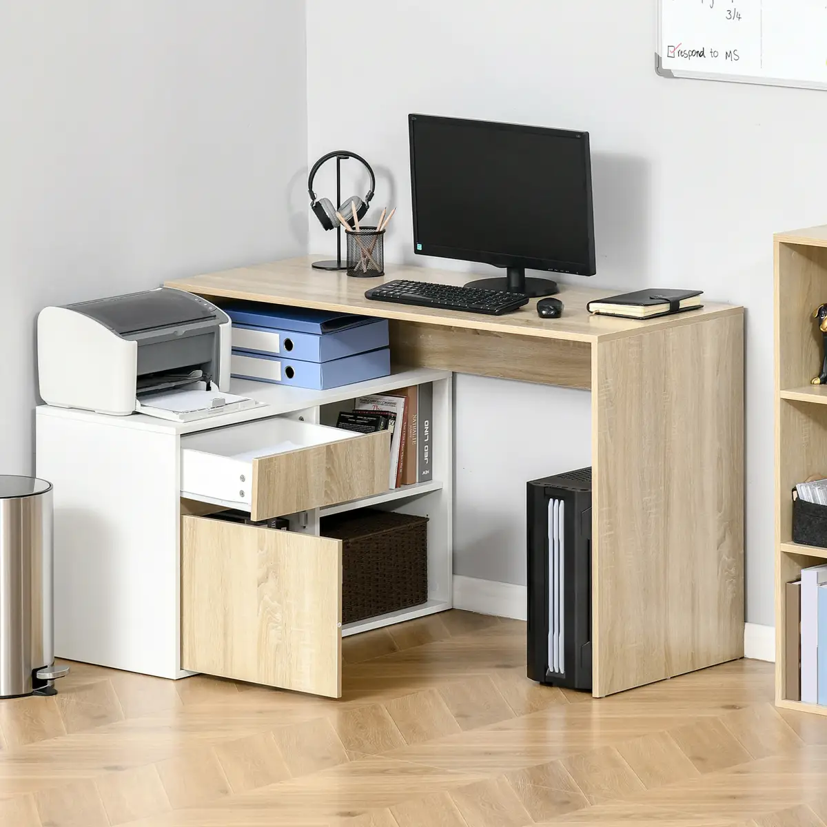 HOMCOM L-Shaped Corner Computer Desk Oak and White - Desk