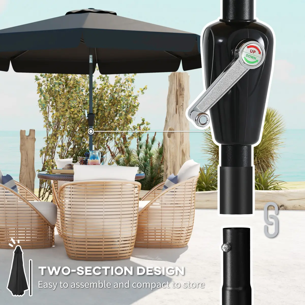 Outsunny Outsunny 2.7m Patio Umbrella Garden Parasol with Crank, Ruffles, 8 Ribs, Black - Parasol