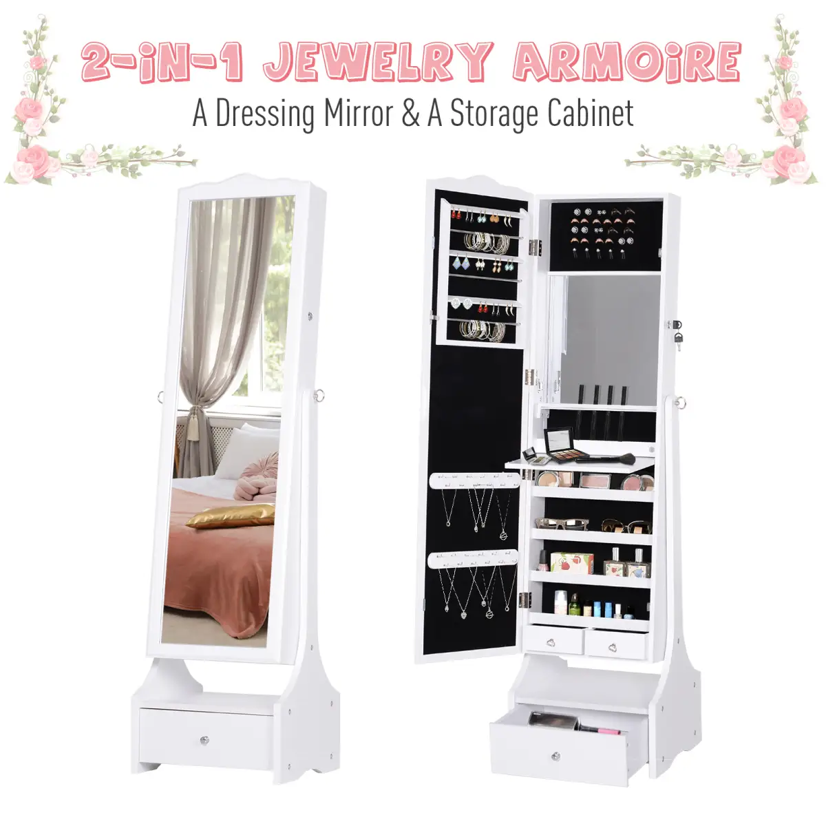 Unbranded Mirrored Jewelry Cabinet Armoire Floor Standing Lock, LED Light White - Display Cabinet