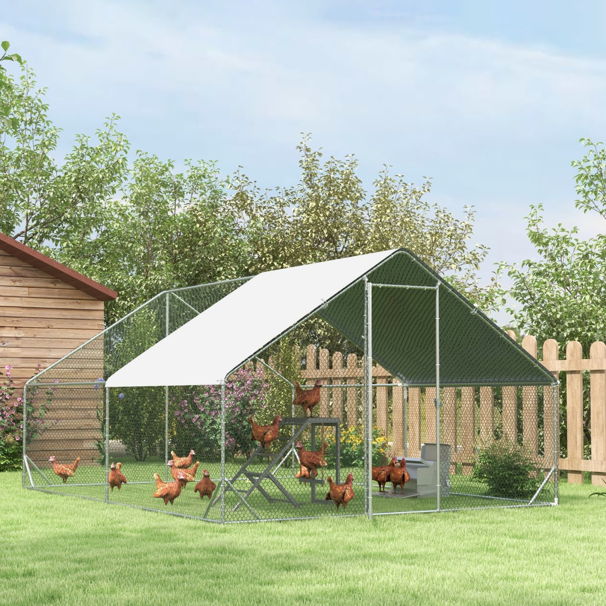 Walk In Chicken Run Large Galvanized Chicken Coop w/ Cover 3 x 4 x 2m Pawhut - from Unbranded