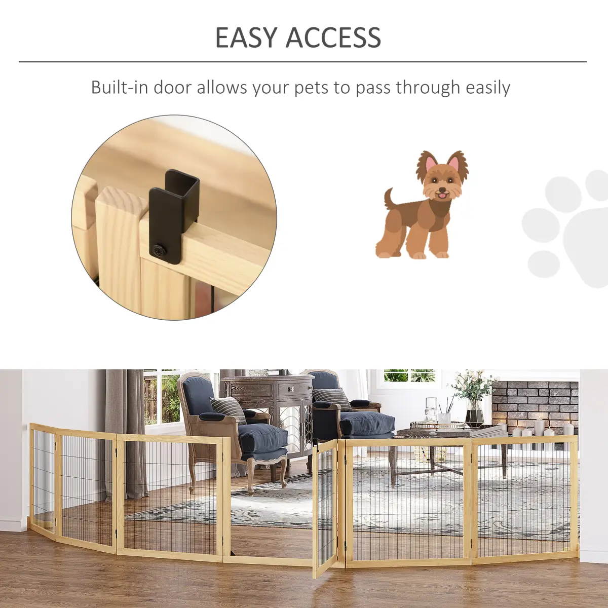 PawHut PawHut Freestanding Pet Dog Gate, Six-Panel Foldable Wooden Playpen, 432cm - Pet Gate