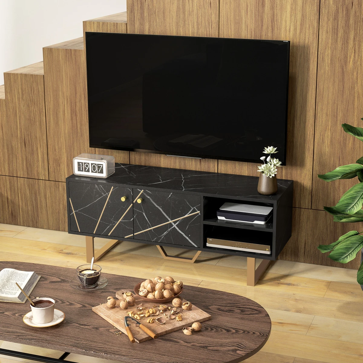 HOMCOM HOMCOM TV Unit Black Marble With Storage For Living Room - TV Unit