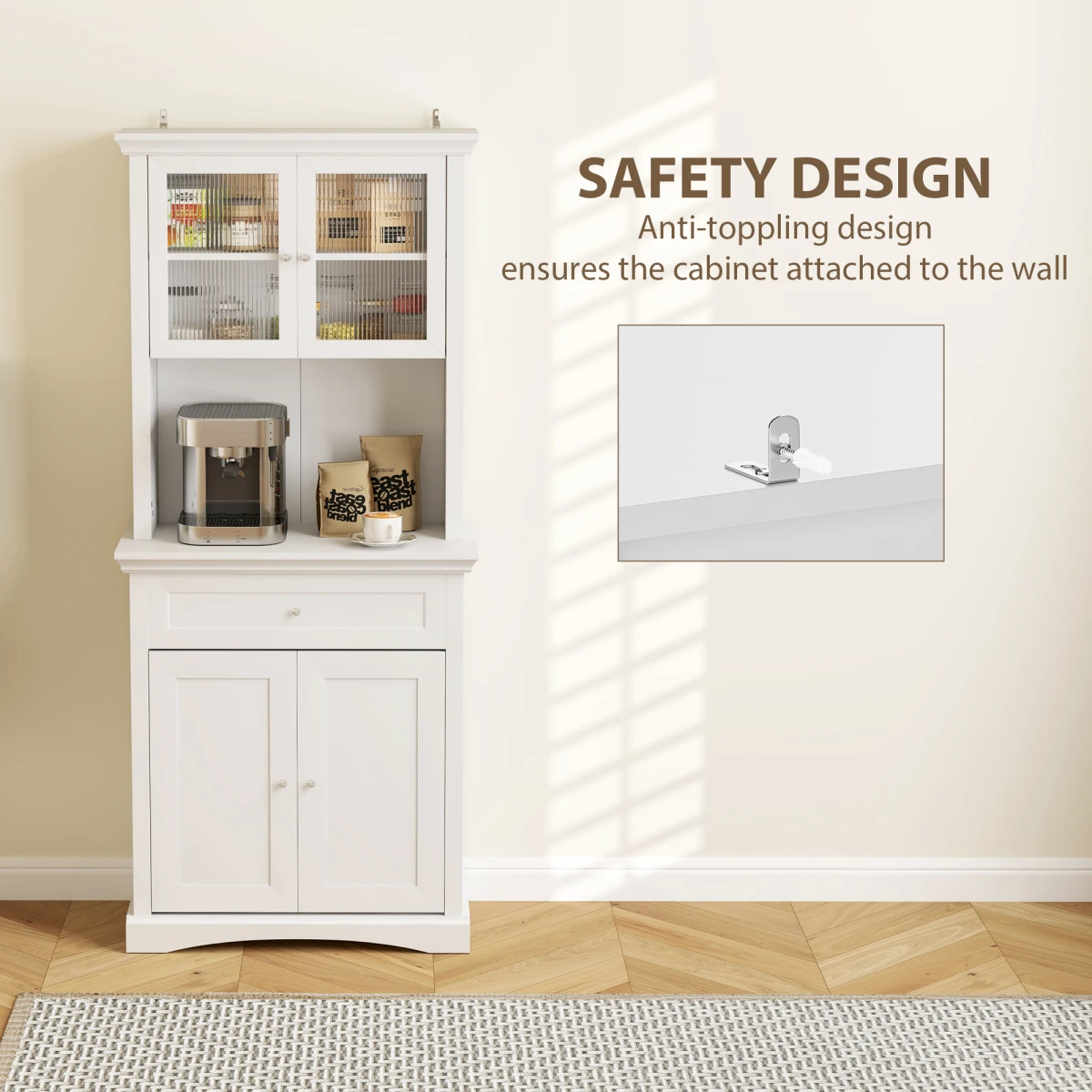 HOMCOM HOMCOM Kitchen Cupboard Storage Cabinet Tall With Drawer Glass Doors Adjustable Shelves For Kitchen Organization - Chest of Drawers
