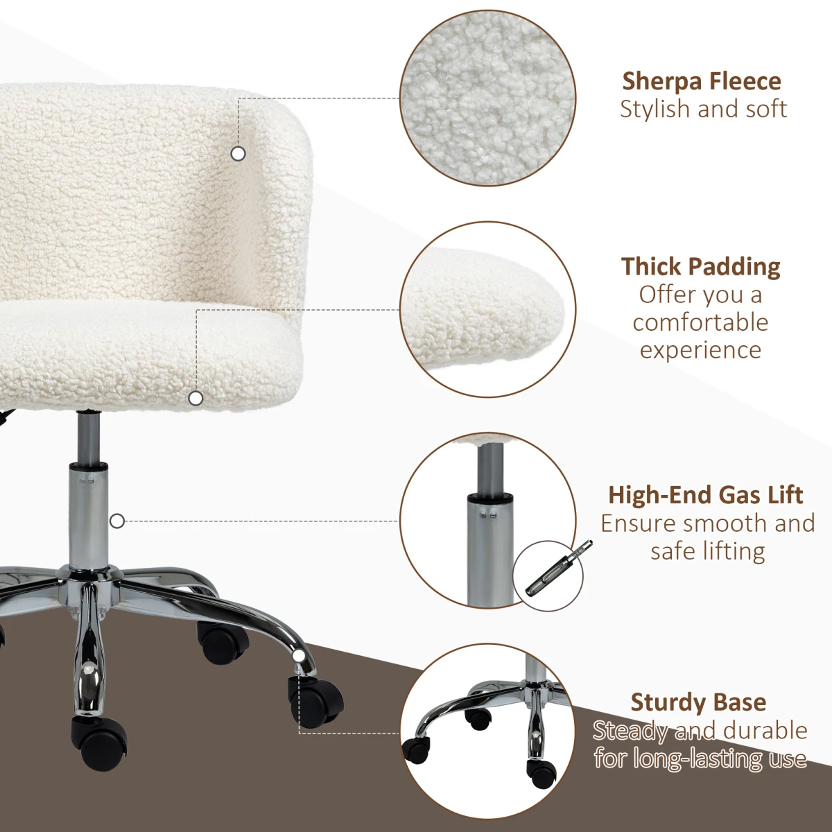 HOMCOM Office Chair Standard Size Teddy Fleece Upholstery Height Adjustable Wheels For Home Office by HOMCOM