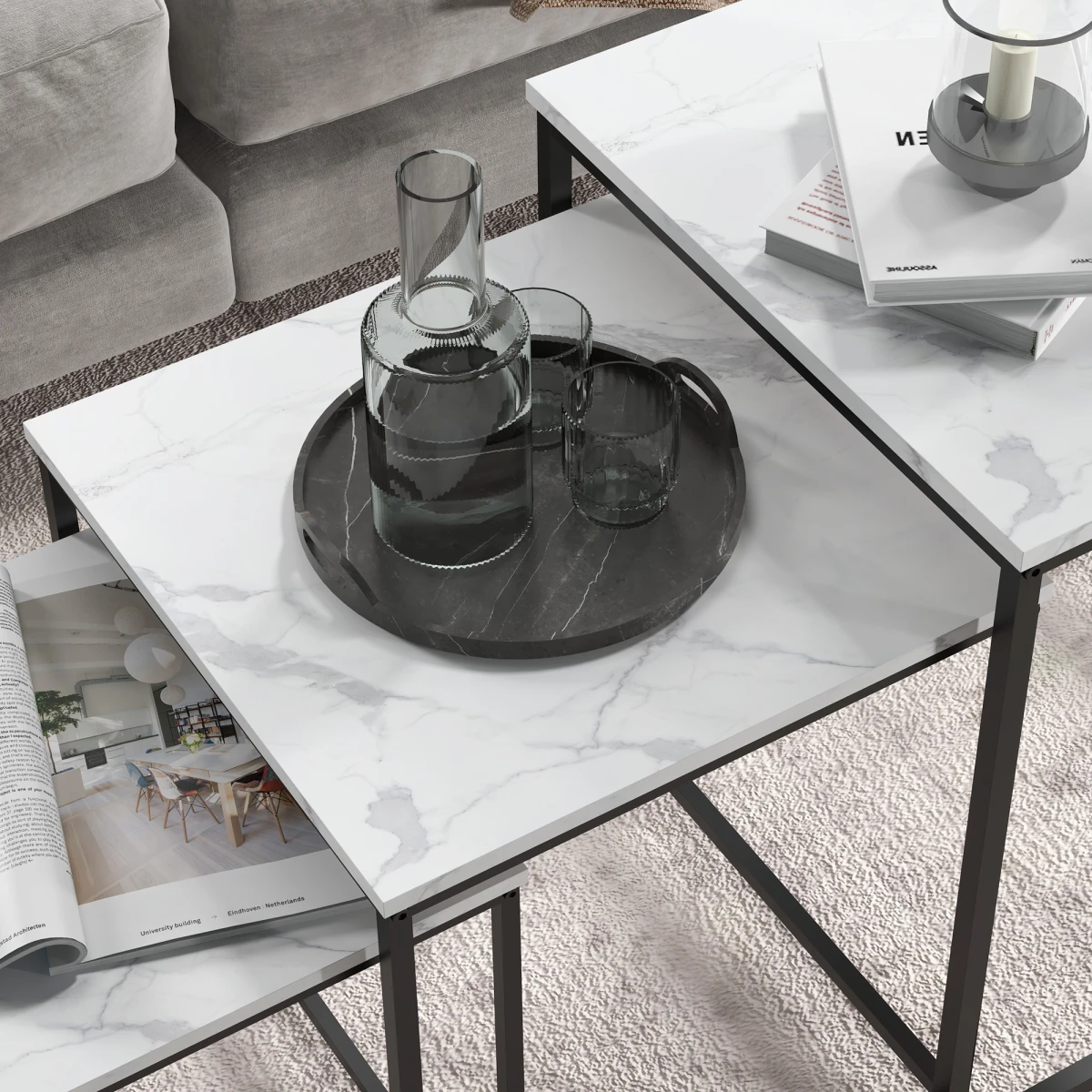 HOMCOM Nesting Coffee Tables Three Piece White Marble Top With Steel Frames Adjustable Feet Living Room by HOMCOM