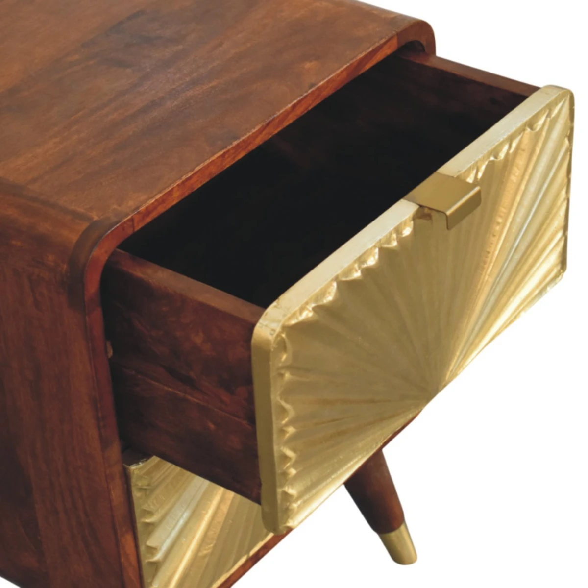 Artisan Nightstand Compact Mango Wood Brass Sunburst Front Two Drawer Bedroom Decor by Artisan Furniture