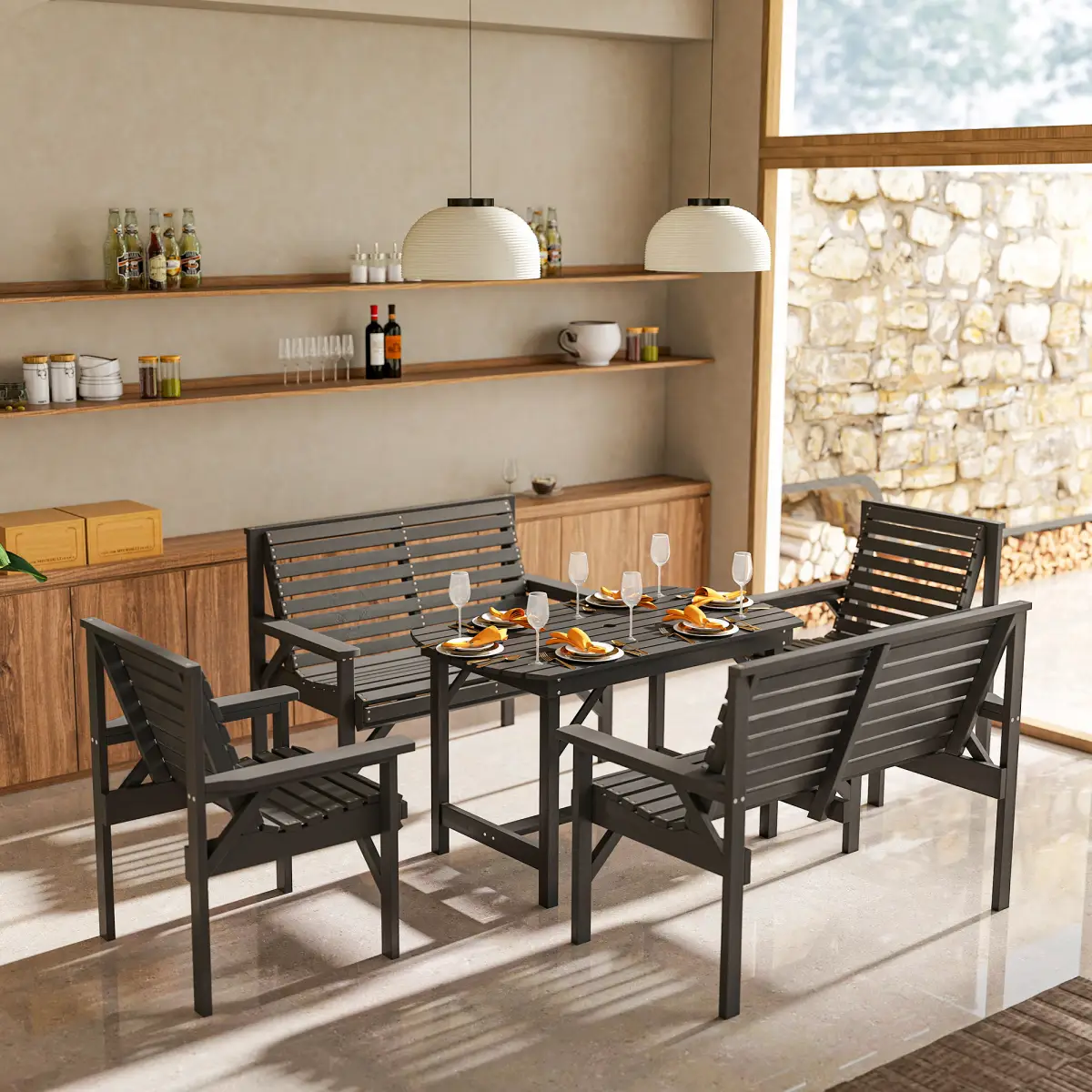 Outsunny Outsunny 5PC Patio Dining Set Wooden Table and Chairs w/ Umbrella Hole Grey - Garden Set