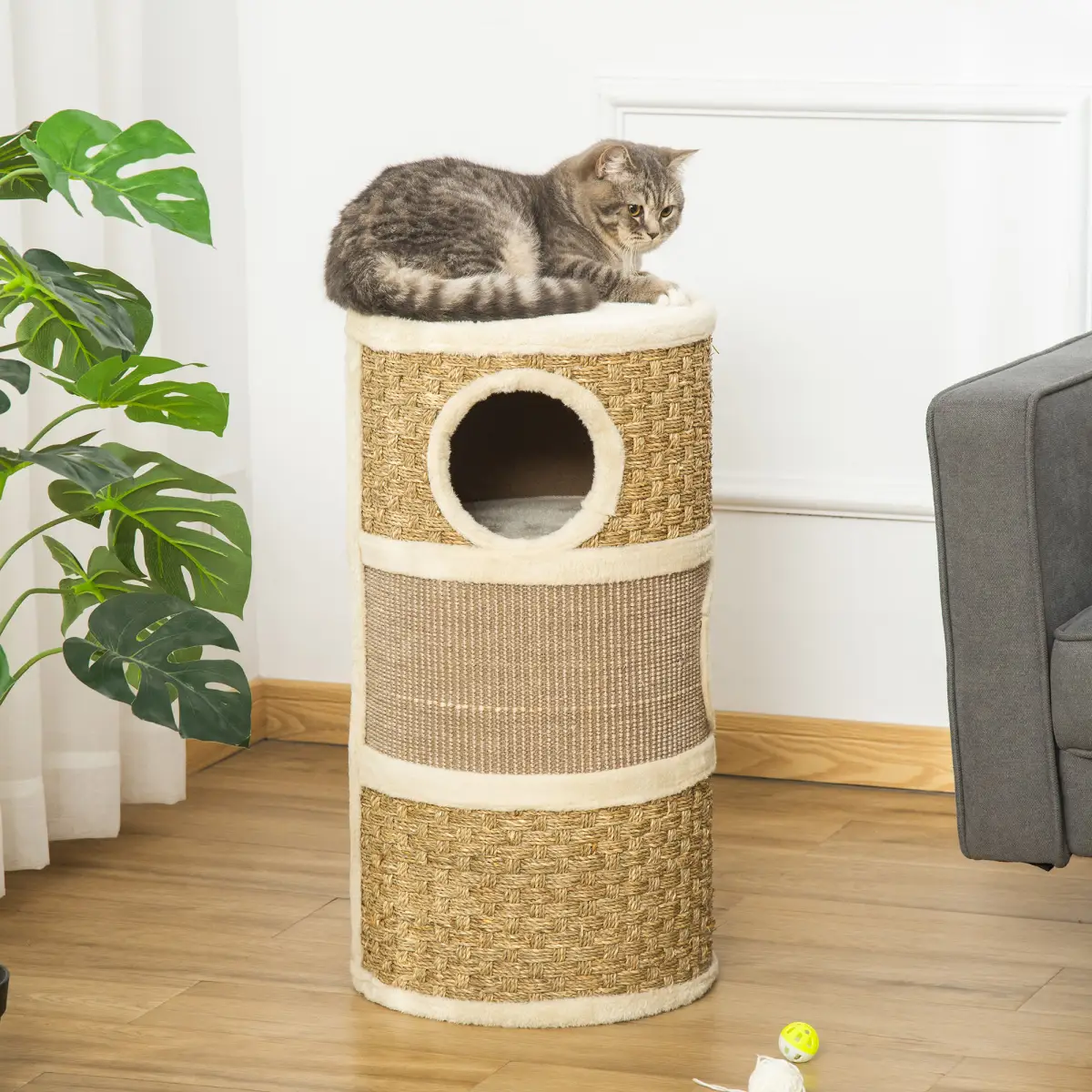 Unbranded Cat Scratching Barrel Kitten Tree Tower with Sisal and Seaweed Rope Pawhut - Cat Tree