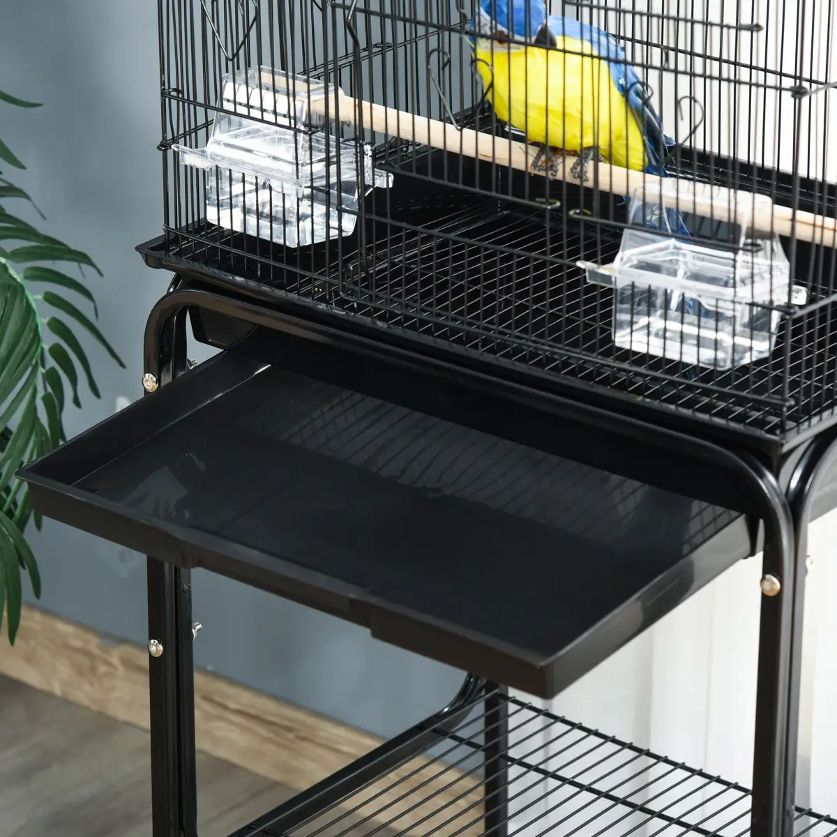 Pawhut Bird Cage Metal Budgie Cages W/ Rolling Stand Slide-out Tray Storage Shelf Black - Bird Cage