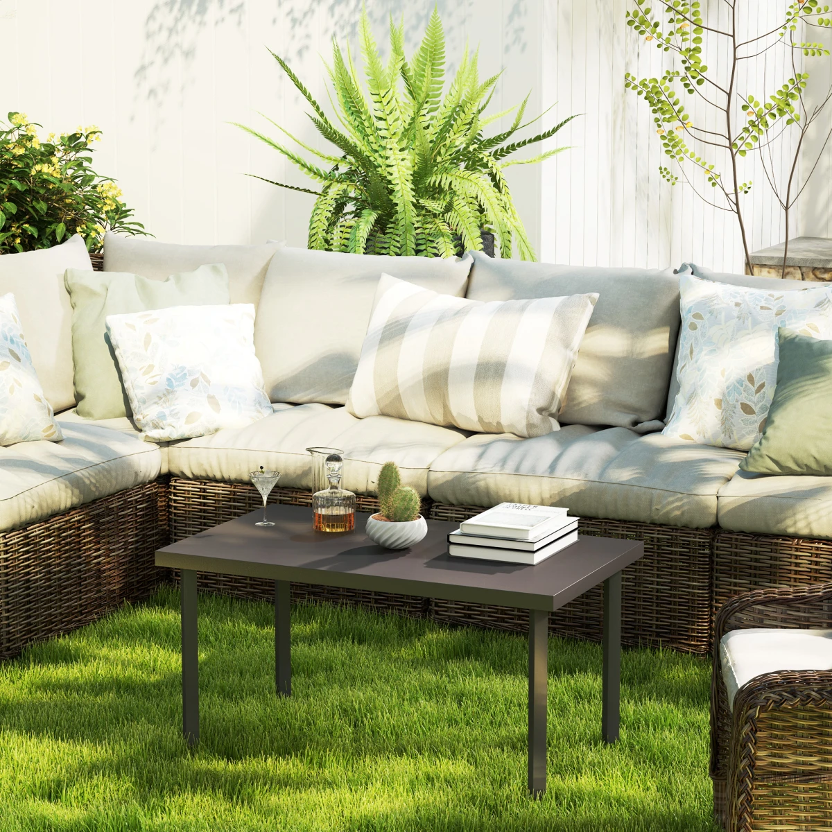 Outsunny Outsunny Metal Garden Coffee Table 95x55 cm Tabletop Woodgrain Finish for Outdoor Patio - Coffee Table
