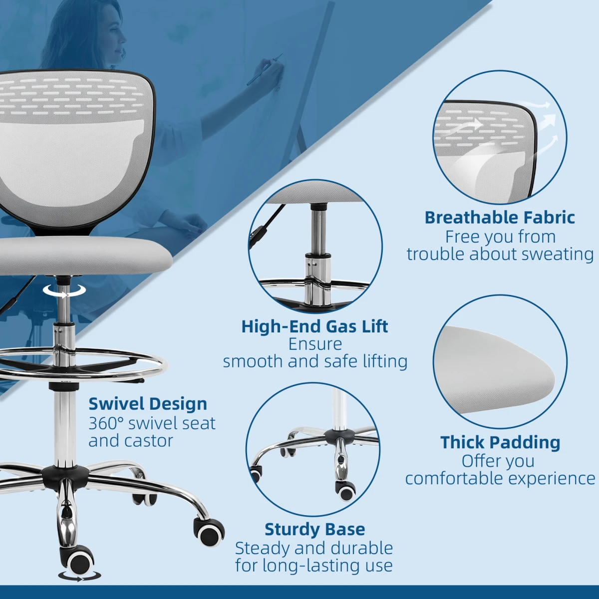 Vinsetto Vinsetto Draughtsman Chair With Adjustable Height For Office - Uncategorized Office Chair