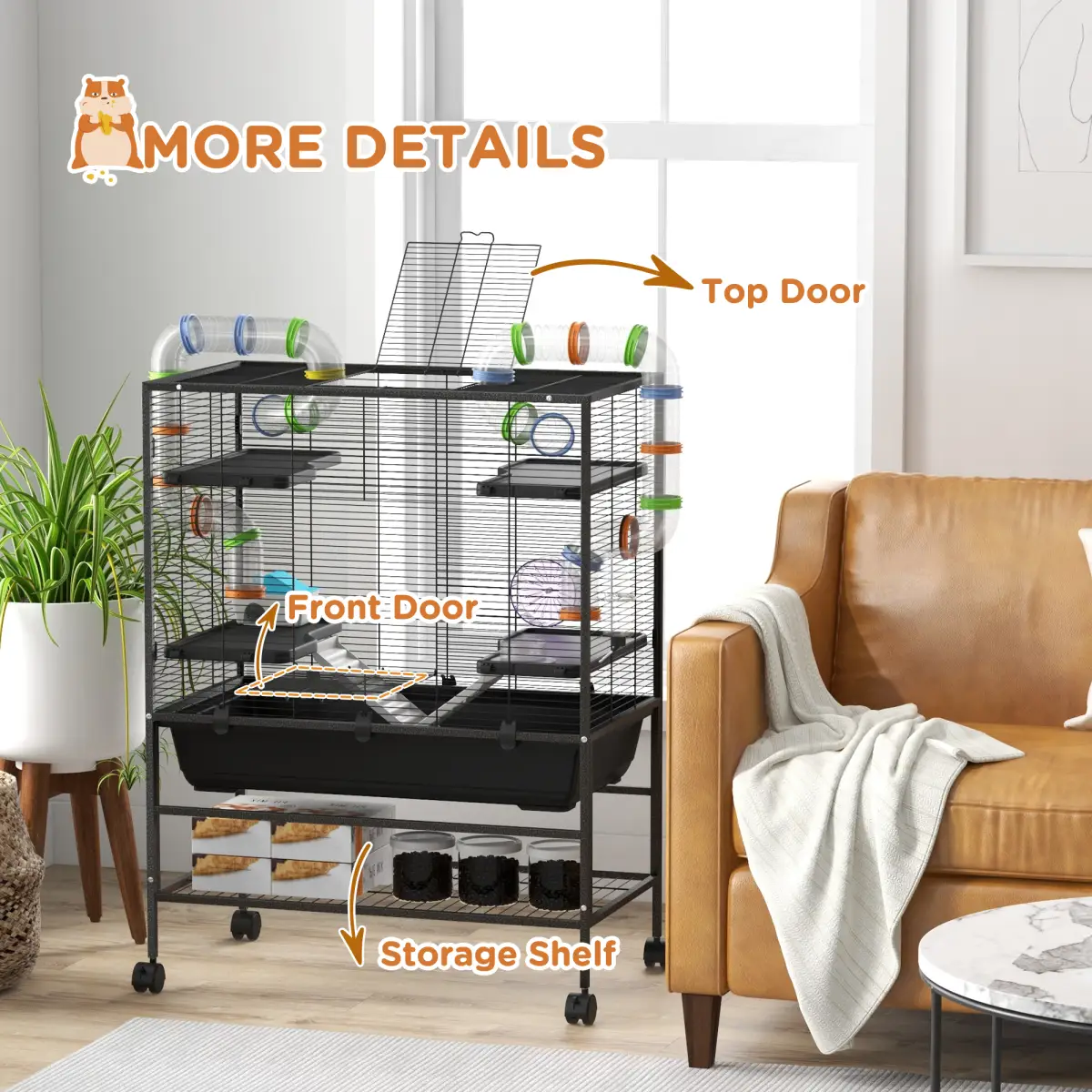 PawHut PawHut Large Hamster Cage, Rat Cage with Wheels, Tubes, Storage Shelf, Ramps - Pet Cage