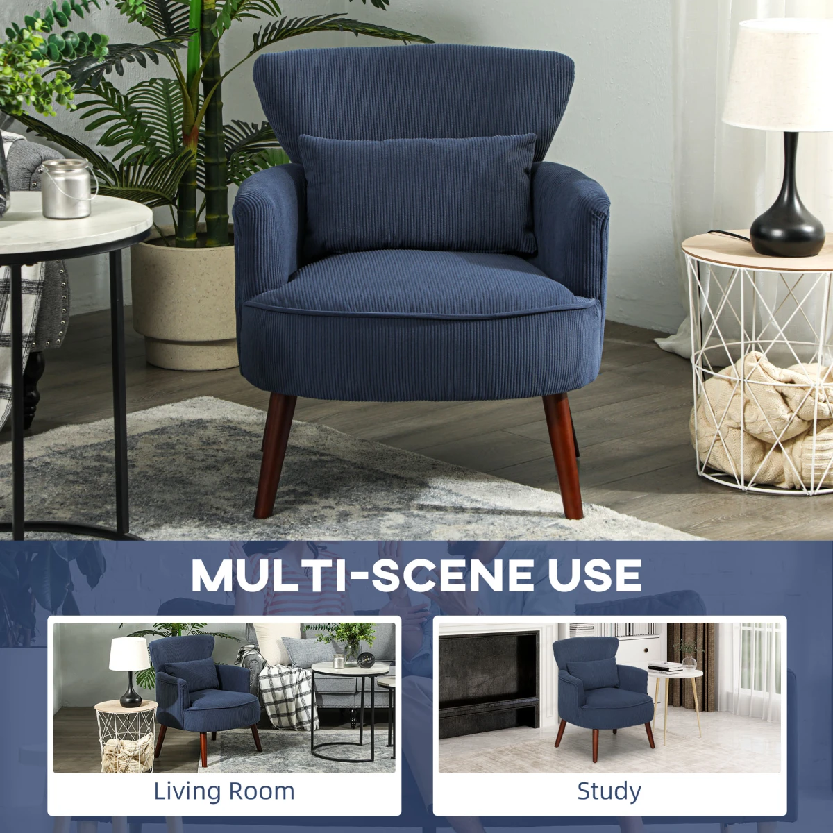 HOMCOM Armchair 18cm Cushion Wingback Blue Corduroy Home Use by HOMCOM