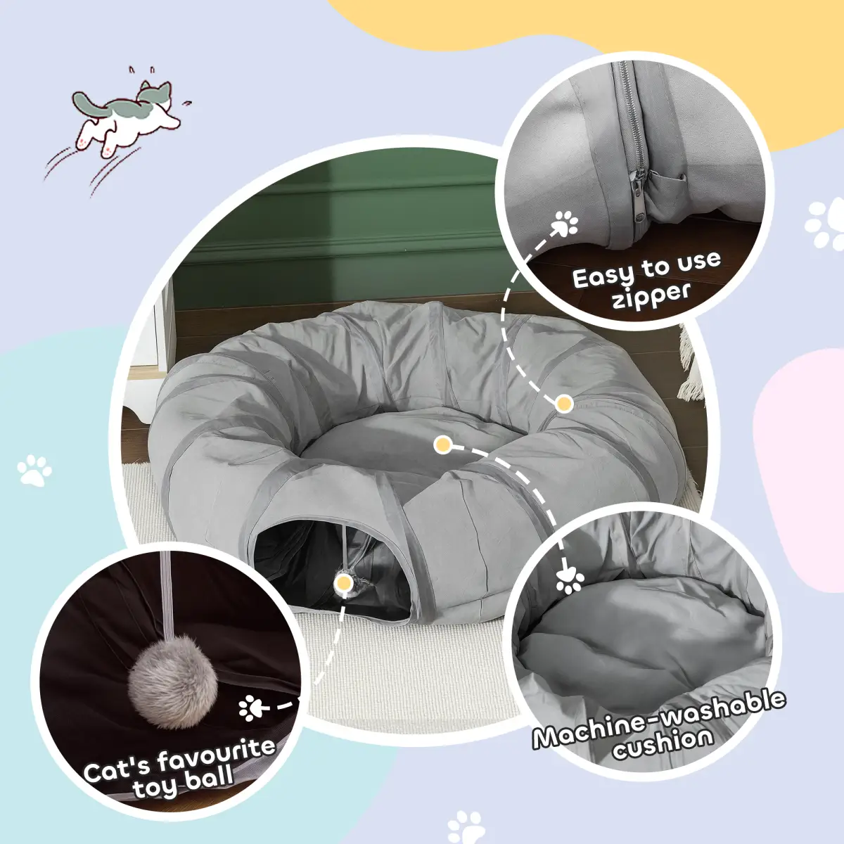 PawHut PawHut 2 in 1 Cat Tunnel with Bed, Cat Play Tunnel for Indoor Cats, Grey - Cat Beds