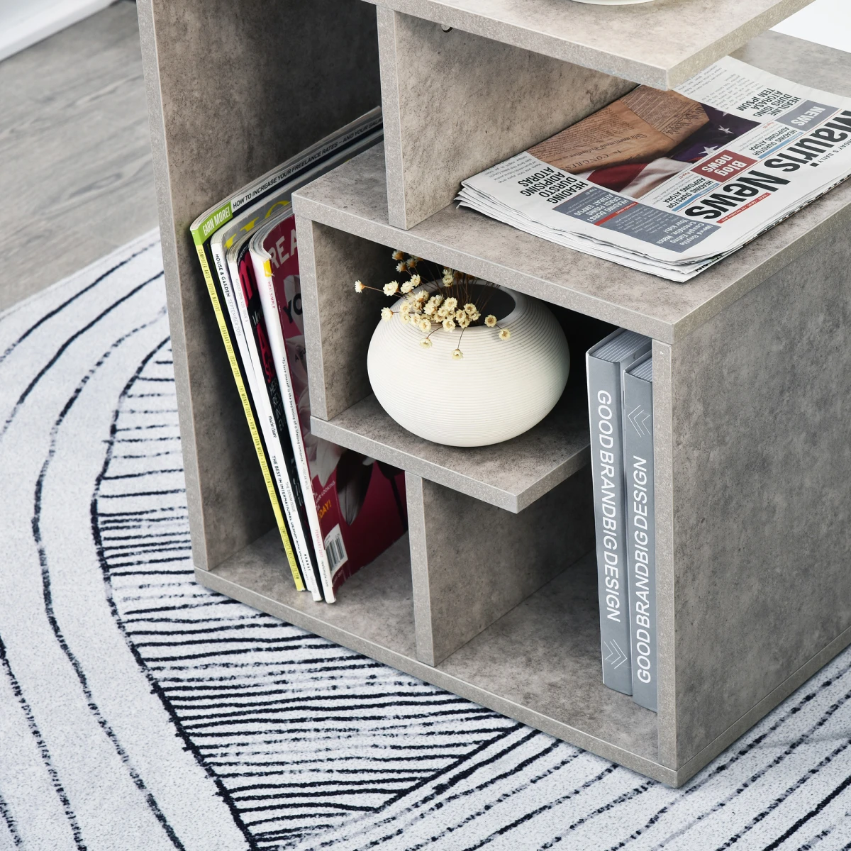 Premium Three-Tier Side End Table With Open Shelves For Living Room and Home Office Storage Organizer In Grey