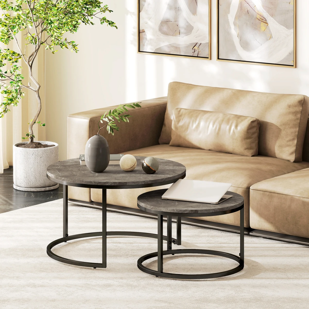 HOMCOM Two Piece Stacking Coffee Tables Set Large And Small Marble Effect MDF Tops Steel Frame With Foot Pads For Living Room - Coffee Table