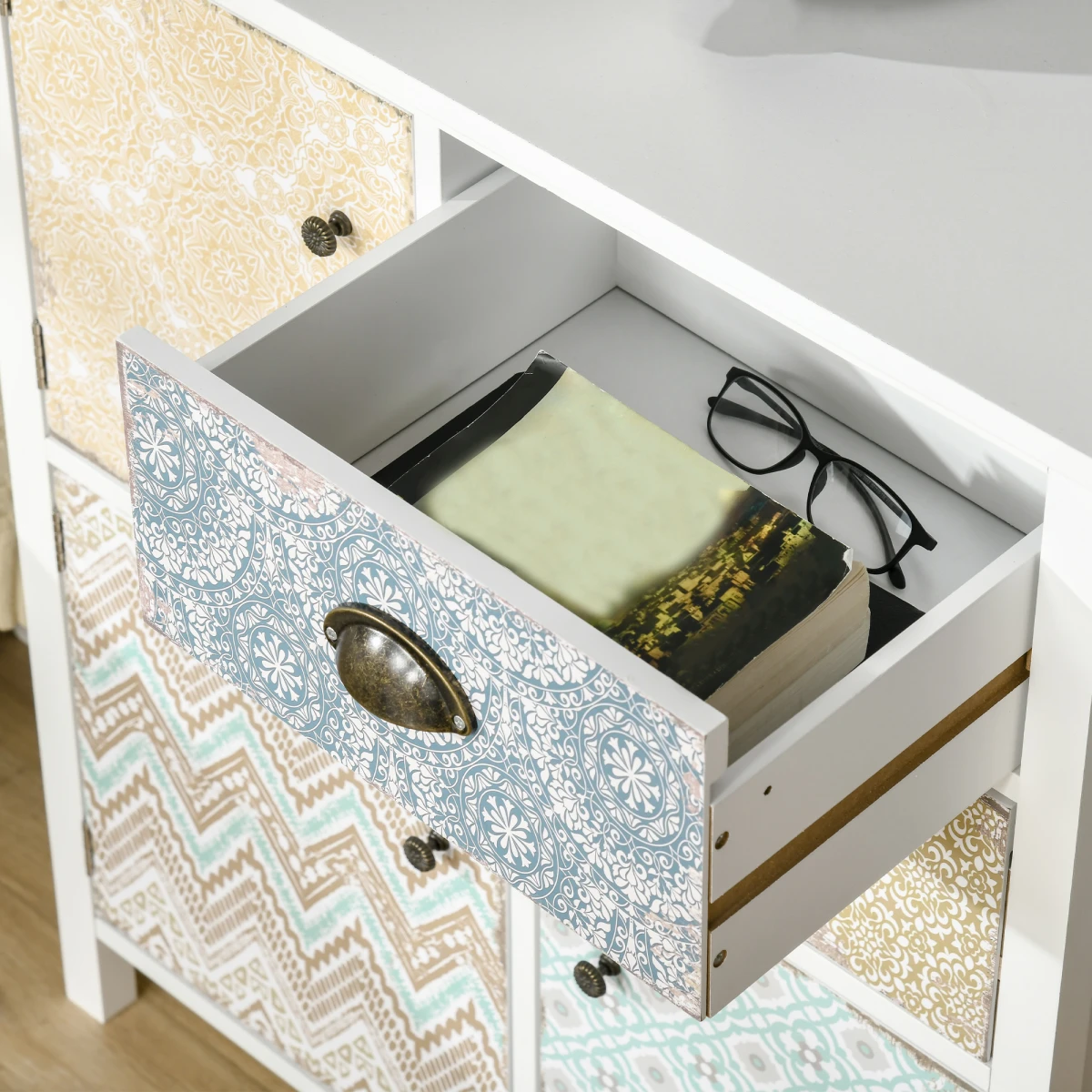 HOMCOM Boho Chic Storage Chest Compact Two Drawers And Three Cabinets Colorful Pattern Panels For Any Room - Chest of Drawers