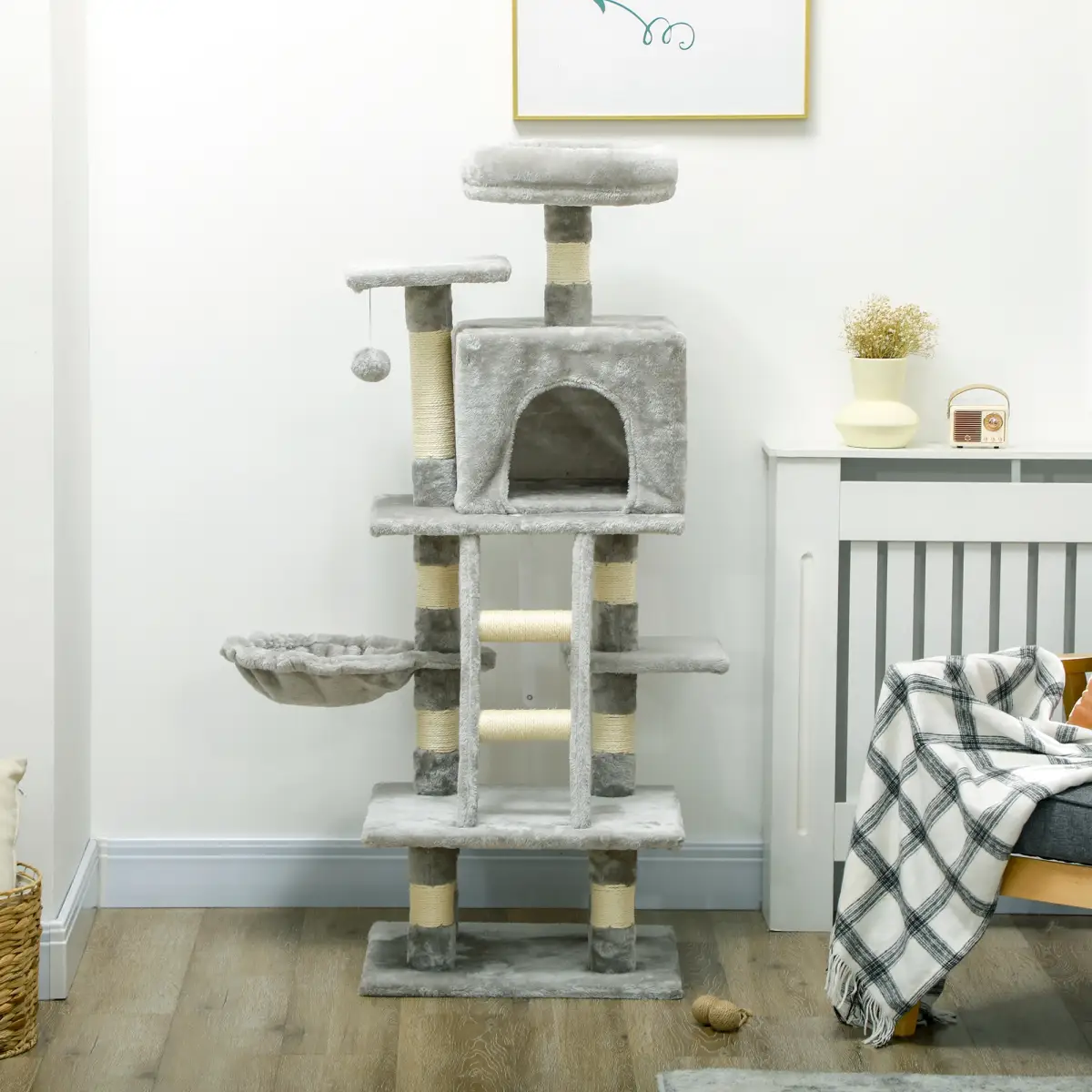 PawHut PawHut 132cm Multi-Activity Cat Tree w/ House Baskets Ladder Scratch Post Grey - Cat Tree