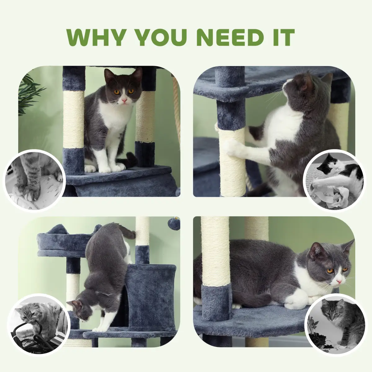 PawHut PawHut 206cm Cat Tree with Scratching Posts, Beds, Condos, Toys, Dark Grey - Cat Tree