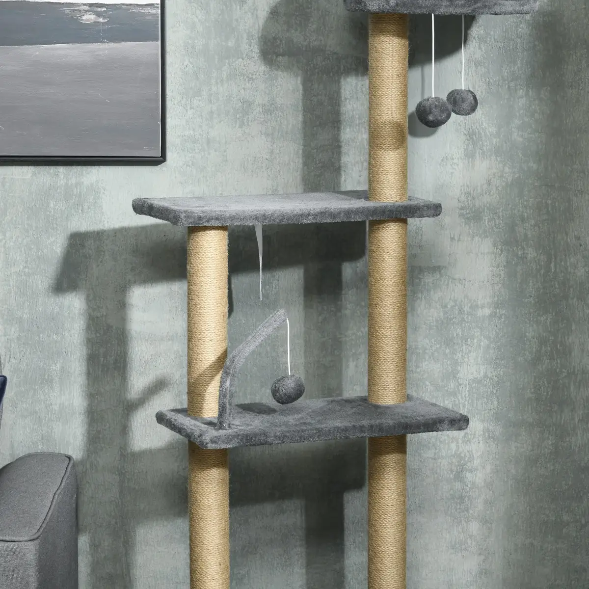 PawHut 6-Tier Floor to Ceiling Cat Tree with Scratching Post, Bed, Hammock, Grey - Cat Tree