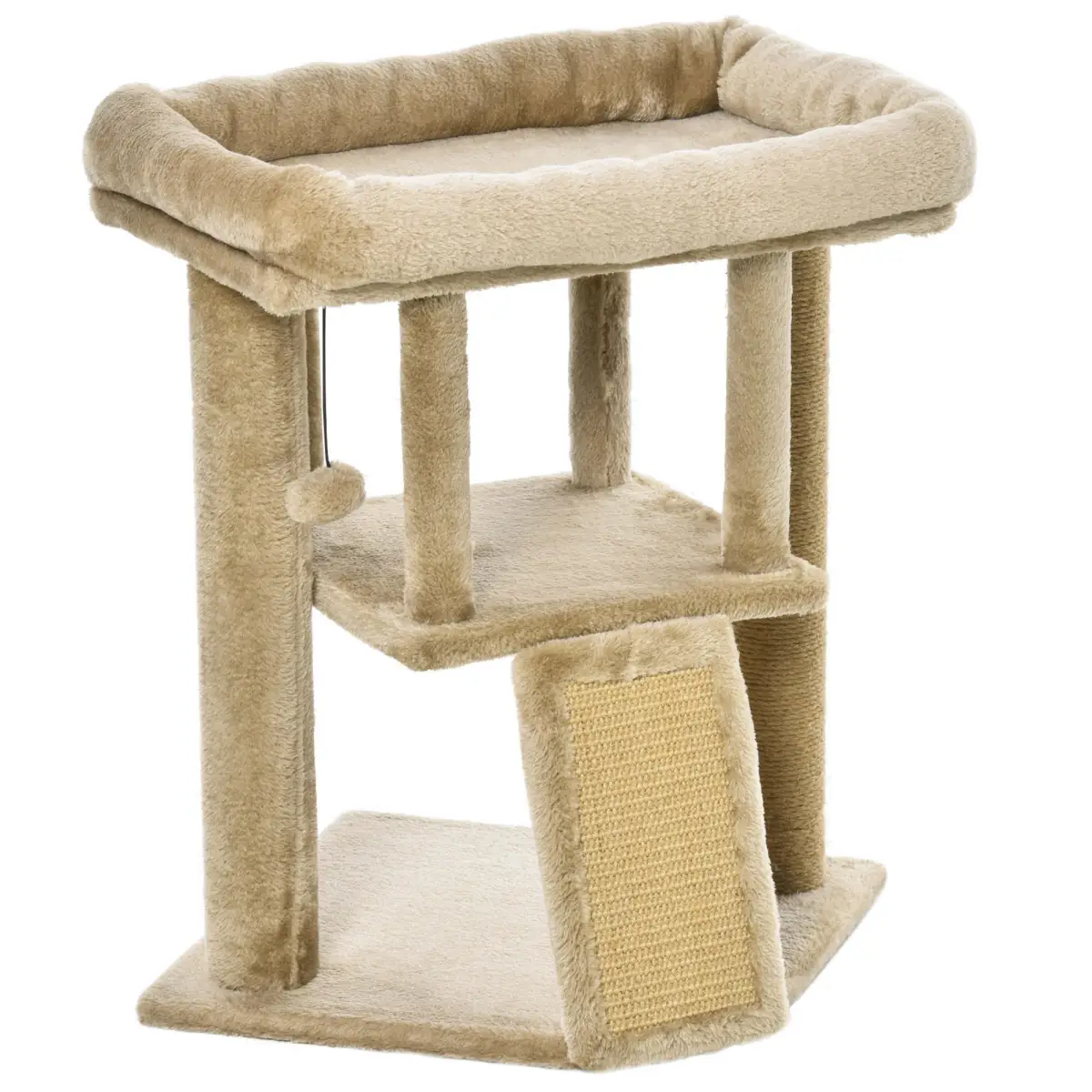 Pawhut Cat Tree Tower W/ Jute Scratching Pad, Toy Ball, Cat House 66x38x88 cm - Coffee - Cat Tree