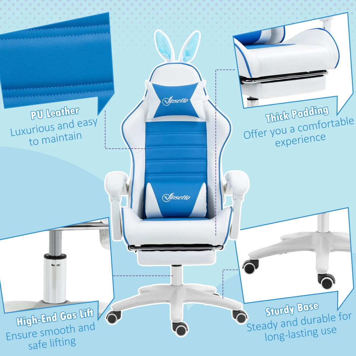 Vinsetto Racing Chair 44-52cm Footrest Rabbit Ears by AIYAPLAY