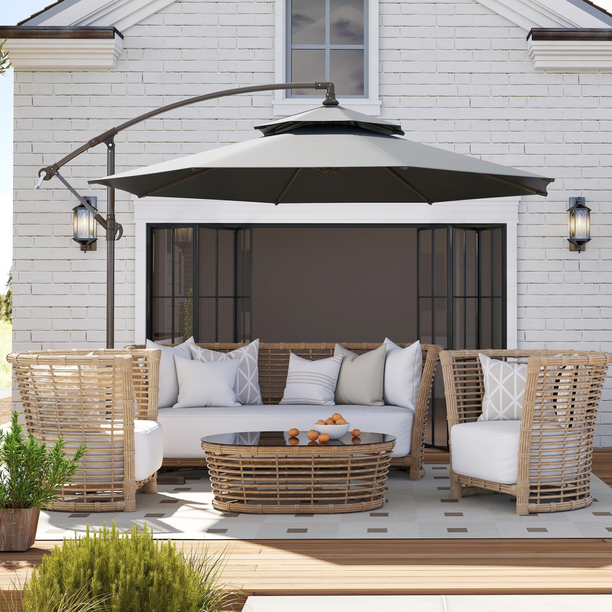 Outsunny 2.7m Garden Banana Parasol Cantilever Umbrella Handle, Dark Grey - Parasol
