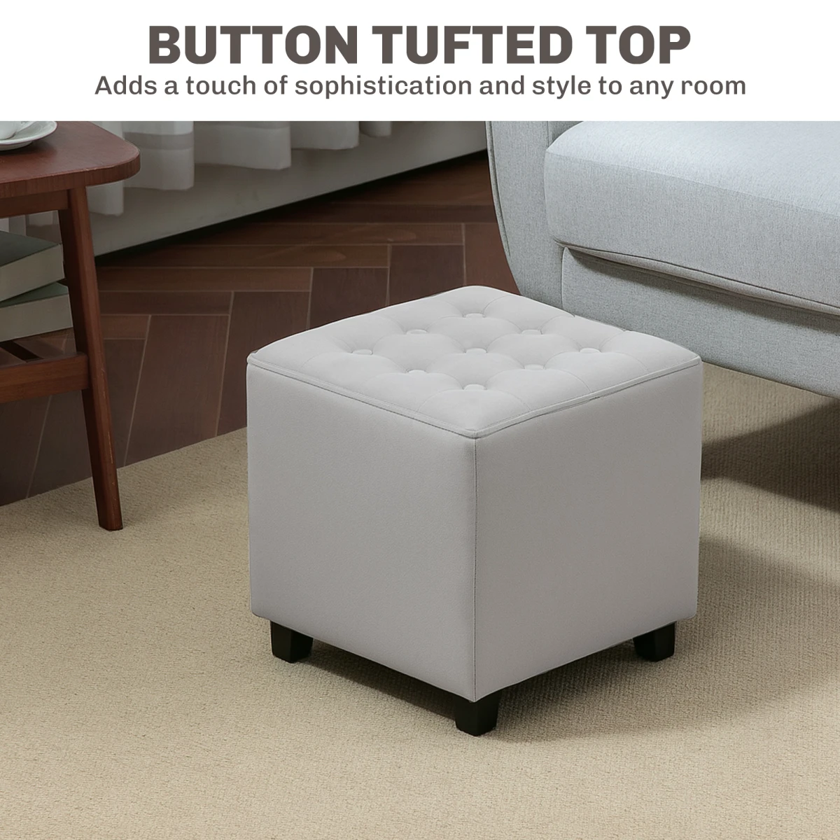 HOMCOM Compact Velvet Tufted Square Footstool With Wood Legs For Bedroom Light Grey - Footstool