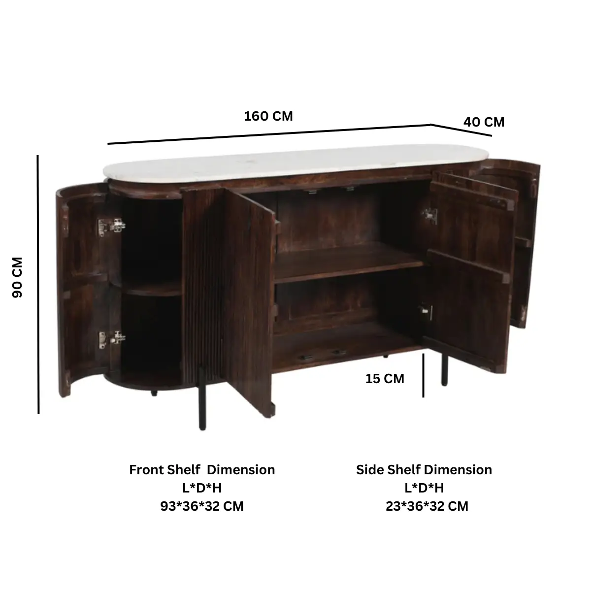 Indian Hub Opal Mango Wood Sideboard With Marble Top & Metal Legs - Sideboard