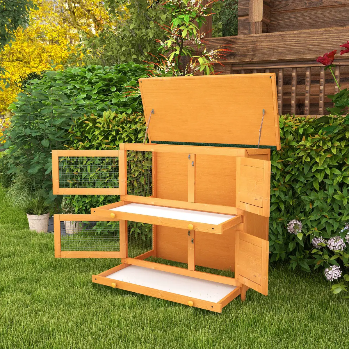 Pawhut 2-tier Rabbit Hutch Small Animal Wooden Bunnies House Outdoor Backyard 2 Sizes - Rabbit Hutch