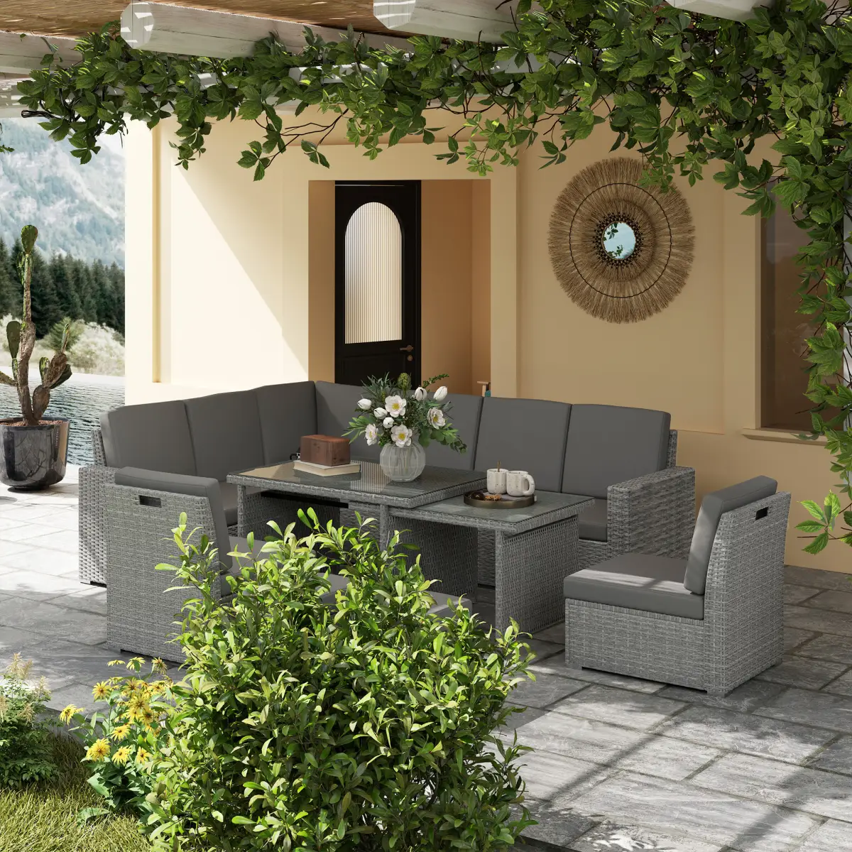 Outsunny Outsunny 10-Seater Sofa Sectional w/ Cushioned Seat, Footstools and Glass Table - Garden Sofa Sets
