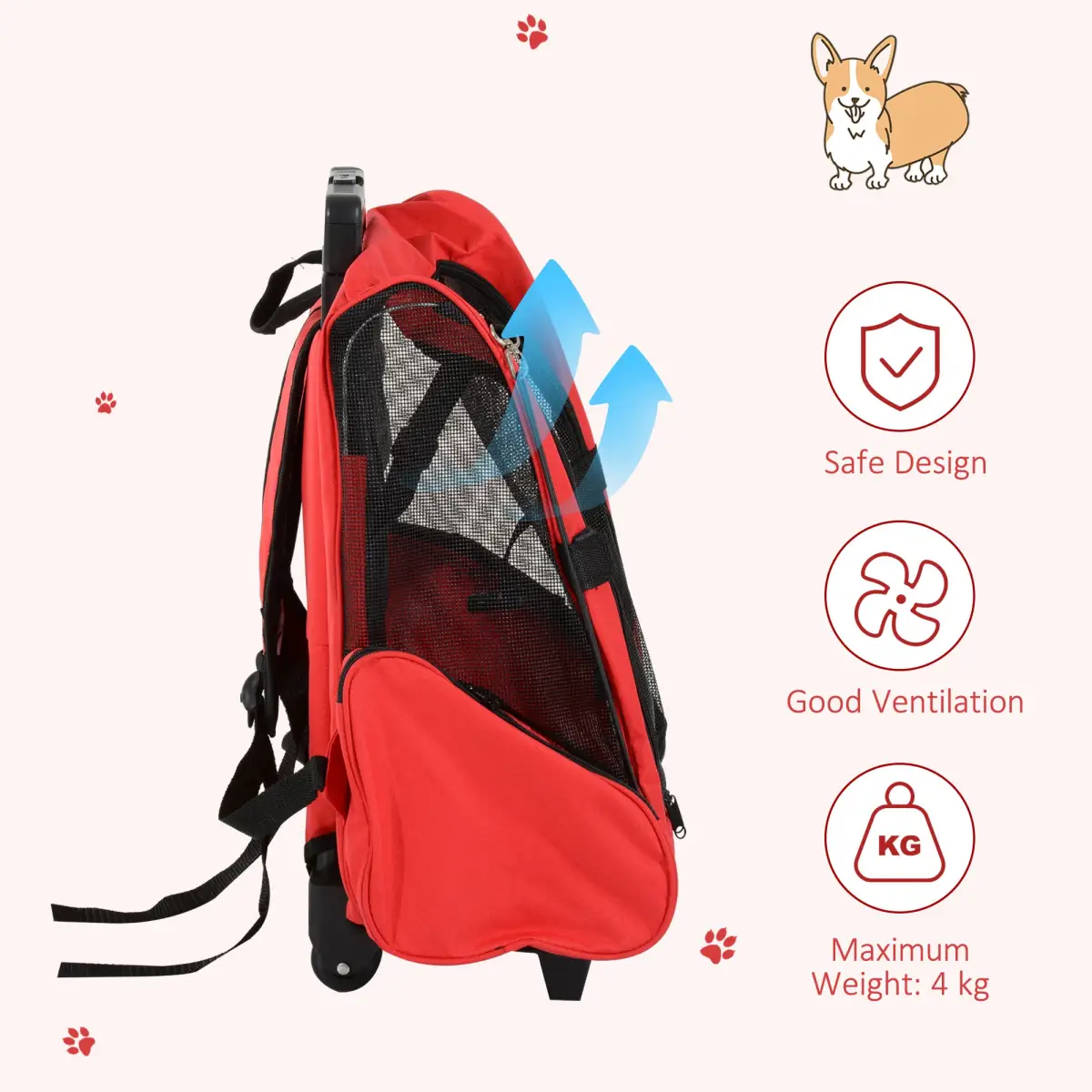 Pawhut Pet Travel Backpack Bag Cat Puppy Dog Carrier w/ Trolley and Telescopic Handle - Pet Carrier