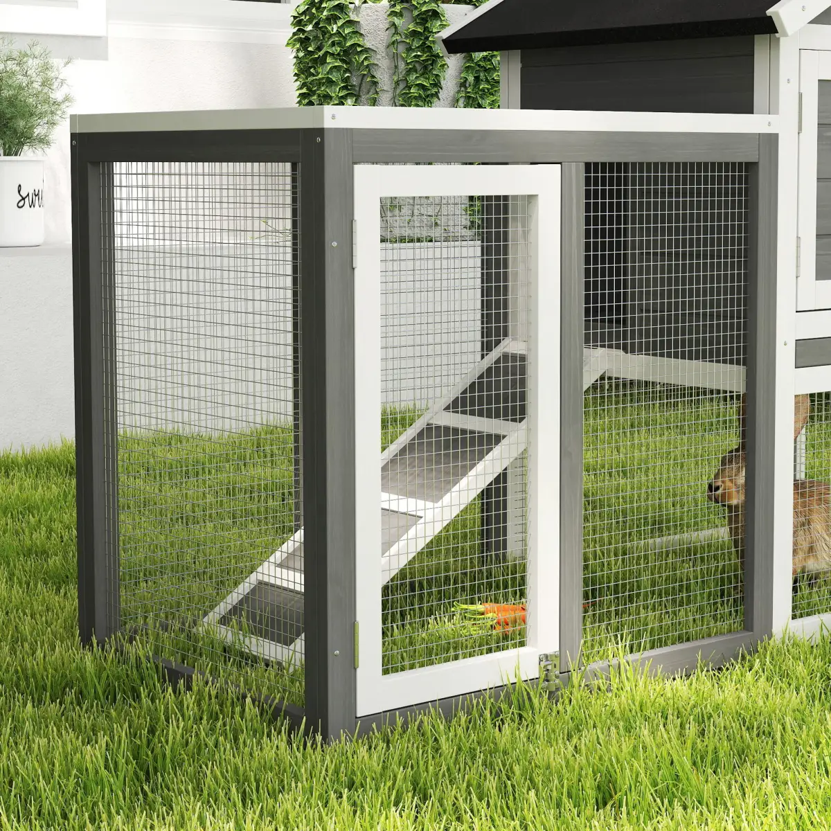 Unbranded 122cm Wooden Rabbit Hutch Bunny Cage Pet House with Tray Ladder Run Pawhut - Rabbit Hutch