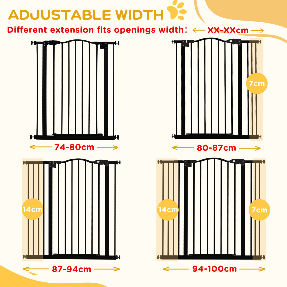 PawHut 74-100cm Adjustable Metal Pet Gate Safety Barrier w/Auto-Close Door Black - from PawHut