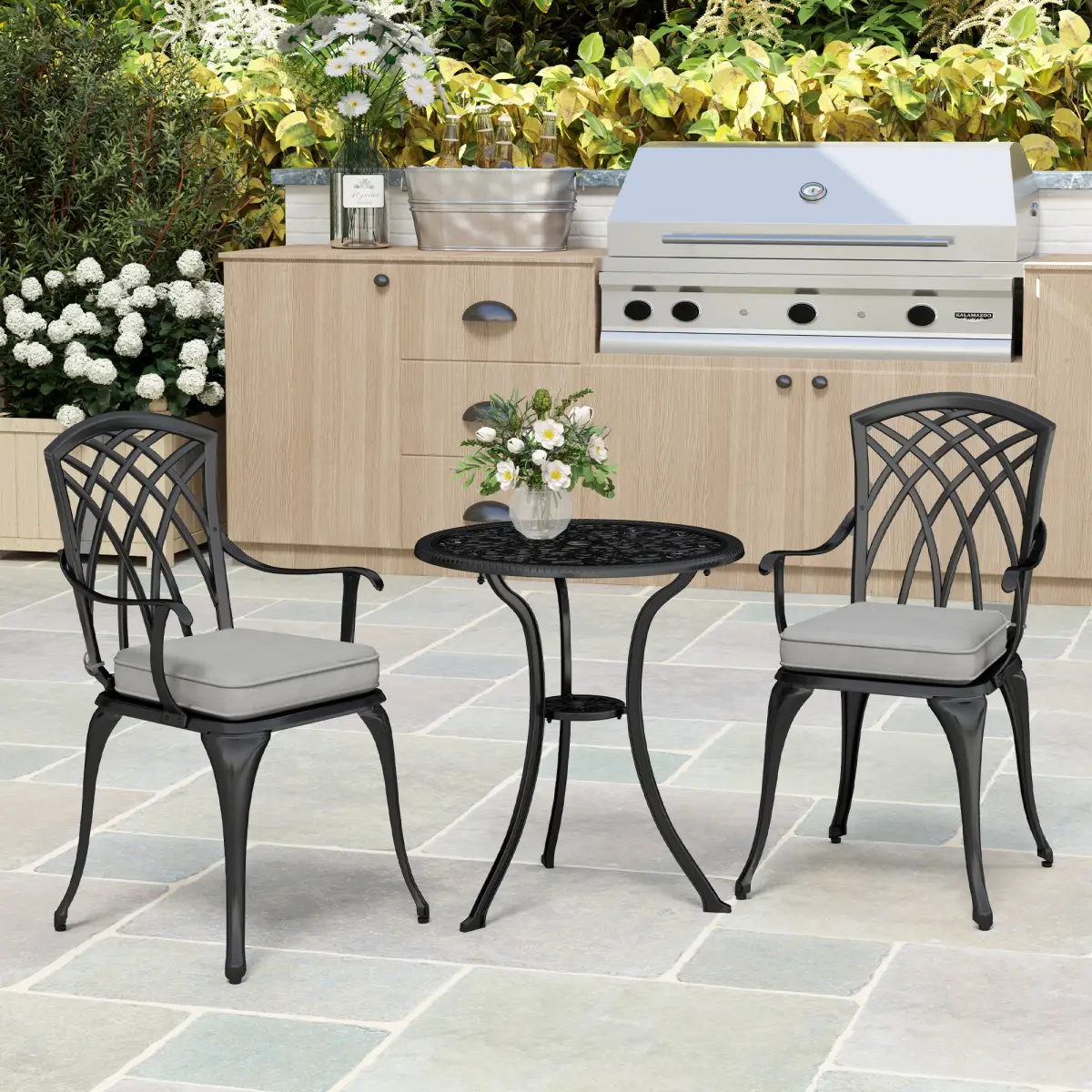 Outsunny Outsunny 3 PCs Aluminium Garden Coffee Table Set w/ Parasol Hole & Cushions - Garden Set