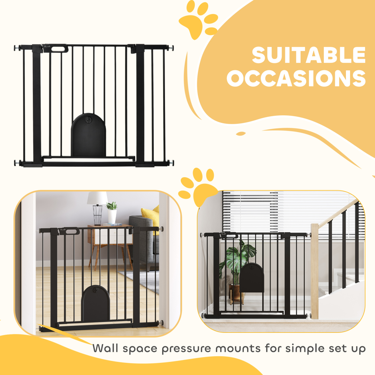 75-103 cm Extra Wide Pet Safety Gate, Stair Pressure Fit, Double Locking, Black - from Unbranded