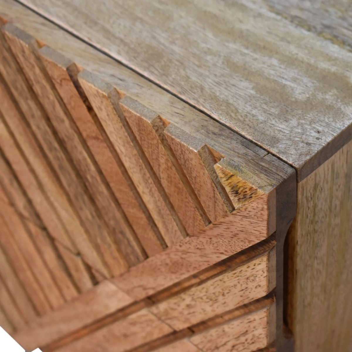 Artisan Furniture Artisan Furniture Bedside Table Mini Compact Solid Mango Wood Two Line Carved Drawers for Small Spaces - Bedside Table